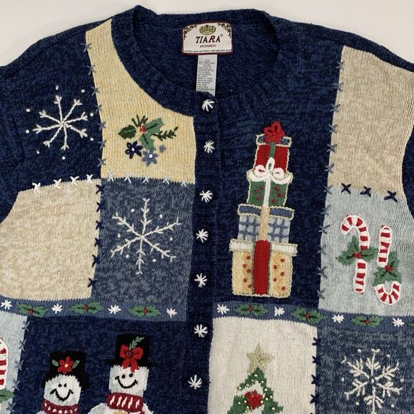 VTG Tiara Christmas Cardigan Sweater 2X Navy Crochet Knit Grandma Holiday Snow - Picture 3 of 10